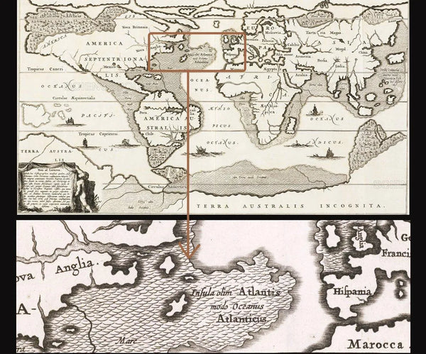 Map from 1675, Amsterdam, by Athanasius Kircher showing Atlantis between Spain and America, with enlargement of Atlantis' location.