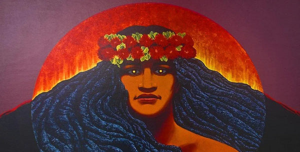 Pele, the Hawaiian Goddess of fire, wearing a crown of 'Ohi'a flowers.