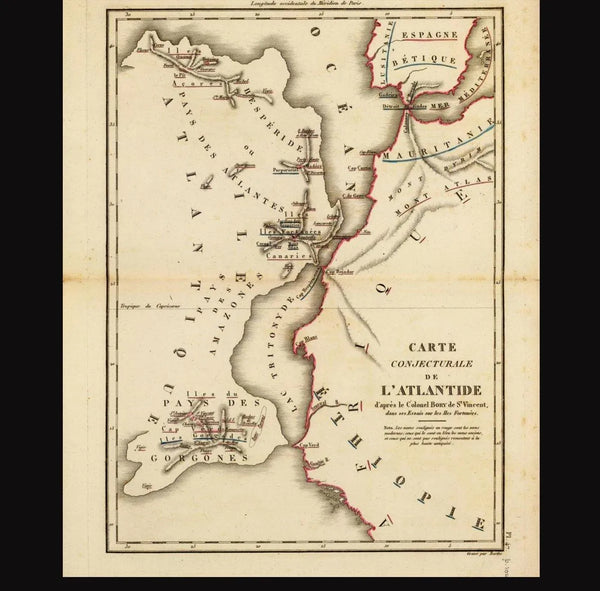 Map locating Atlantis (1803) taken from "ESSAIS SUR LES ISLES FORTUNÉES." (p. 427) by Jean Baptiste Bory de Saint-Vincent.