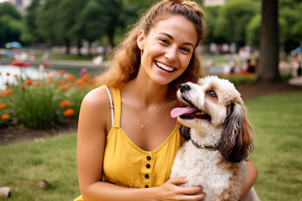 A woman having a picnic date with her dog