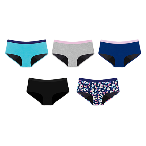 teens 5-pair super shorty set teen period underwear - variety pack in sizes 9-16 tween leakproof undies