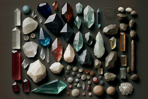 a collection of crystal with different sizes and colors