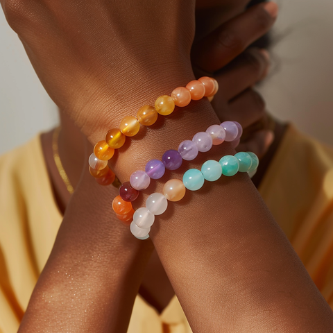 different types of bracelets on a wrist chunky and delicate beads