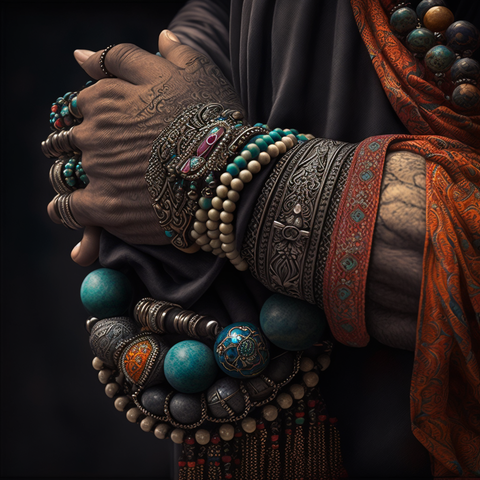 a person wearing beads mala