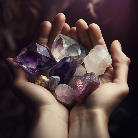 holding different crystals in hand