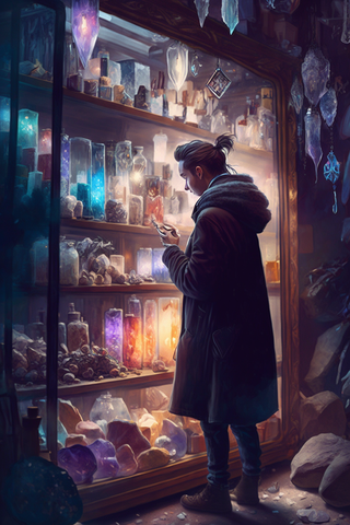 a person browsing a crystal shop