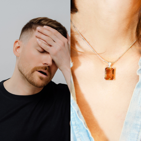 a stressed person vs person wearing pendant