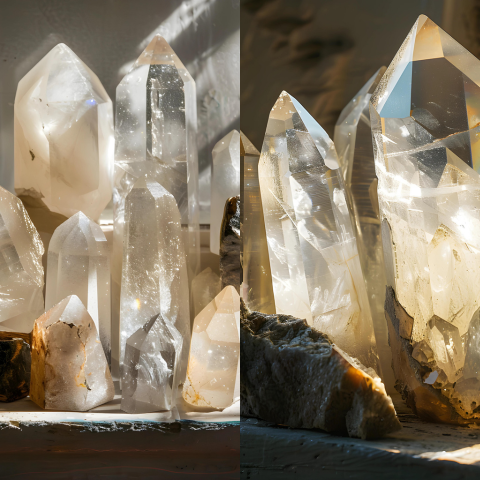two crystals side by side left side sunlight through windows while right side is direct sunlight