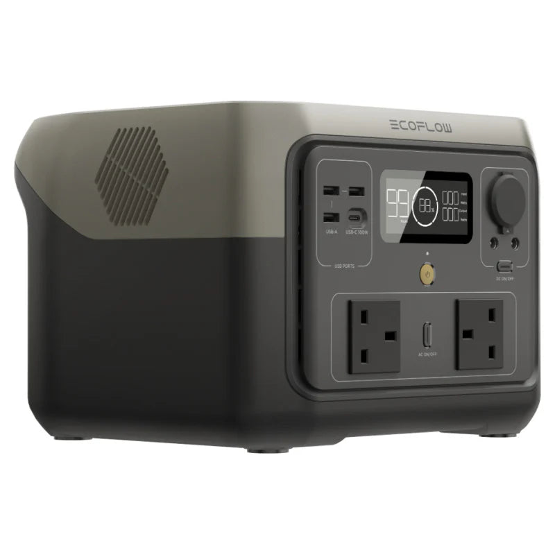 EcoFlow portable power station left-side angle showing 99% charge and multiple ports, on a white background.
