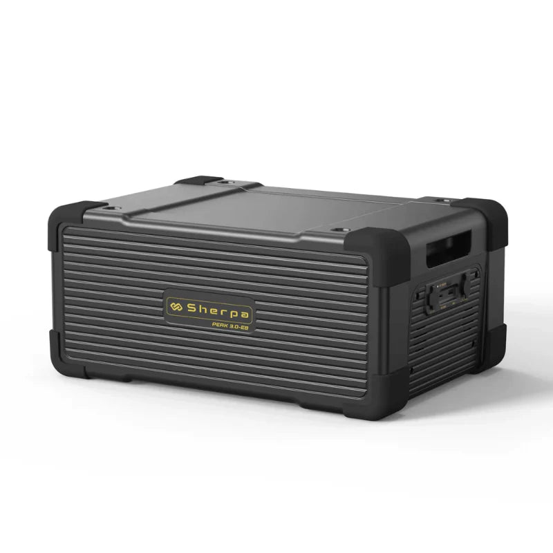 Sherpa Peak extra battery module with rugged black casing and side handles on a white background.