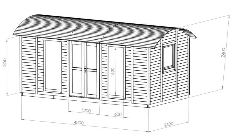 Technical drawing of a shepherd’s hut with curved roof, showing exterior dimensions in millimetres on a plain white background.