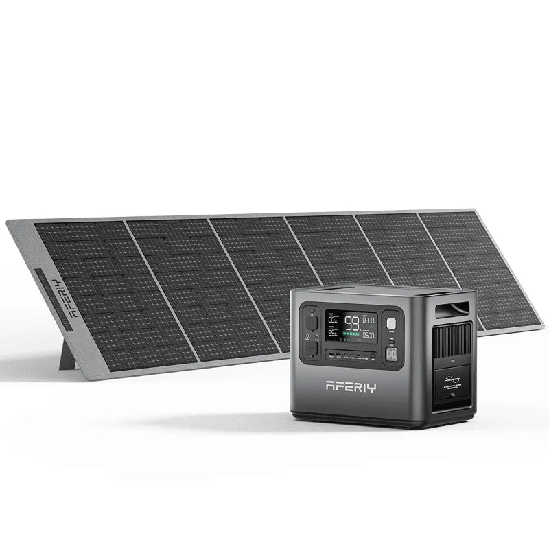 AFERIY portable power station with foldable solar panel set up on a white background.