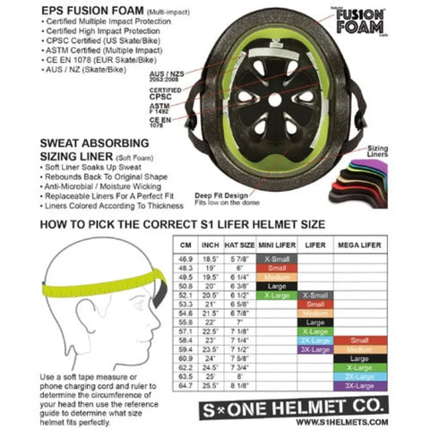 S-ONE HELMET LIFER Size Chart