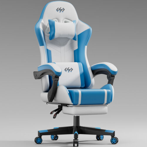 Leather gaming chair with blue stripes and a racing-style design, offering ergonomic support for long gaming sessions