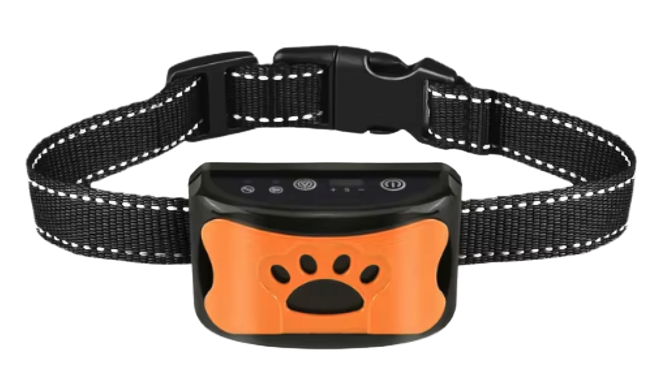 Adjustable black pet collar with an orange paw-print design and electronic features.