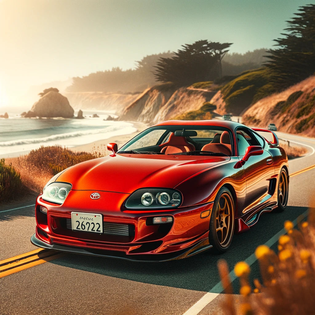 1990s Toyota Supra, renowned for its aerodynamic design, parked on a scenic coastal road under a sunny sky.