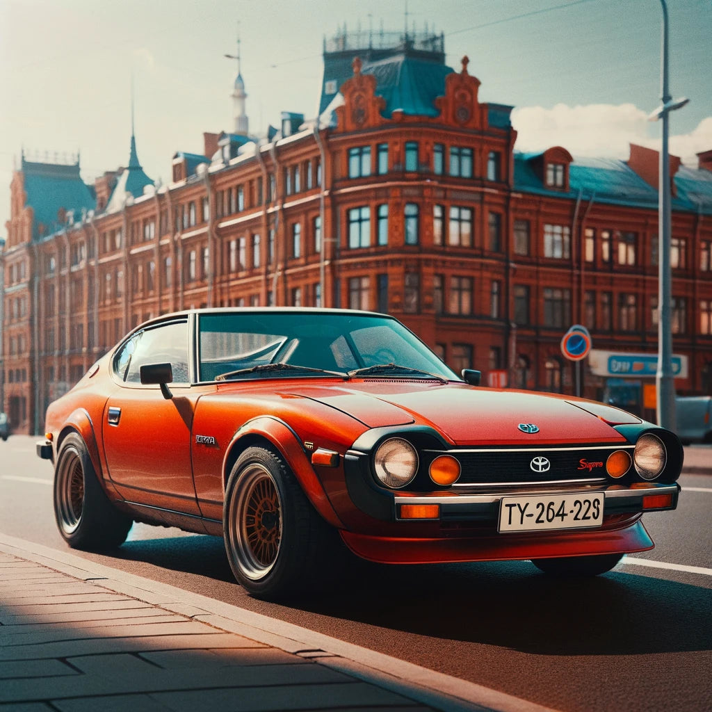 1970s Toyota Supra in classic sports car design, vibrant colors, parked on a city street, showcasing a vintage aesthetic.