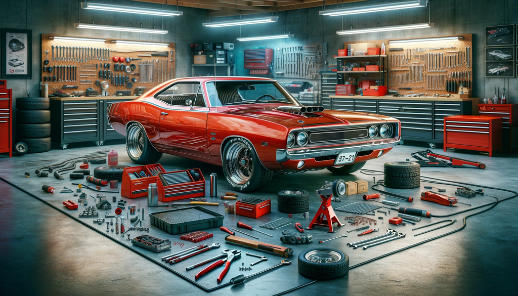 A vibrant red muscle car undergoing sound deadening installation in a B-Quiet equipped garage. The car's doors and panels are open, revealing the interior where B-Quiet soundproofing materials are being applied. The garage is well-organized with an assortment of tools like wrenches, a roller, and a toolbox, indicative of a meticulous sound deadening process. The environment is bright with ample lighting and a clean concrete floor. Automotive parts and supplies are neatly arranged on shelves. A workbench with car components and a laptop showing a B-Quiet sound deadening guide is in the background, emphasizing a professional and detailed approach to vehicle soundproofing.