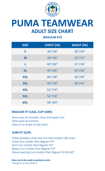 Puma Teamwear Adult Size Chart