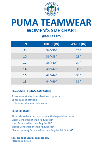 Puma Teamwear Women's Size Chart