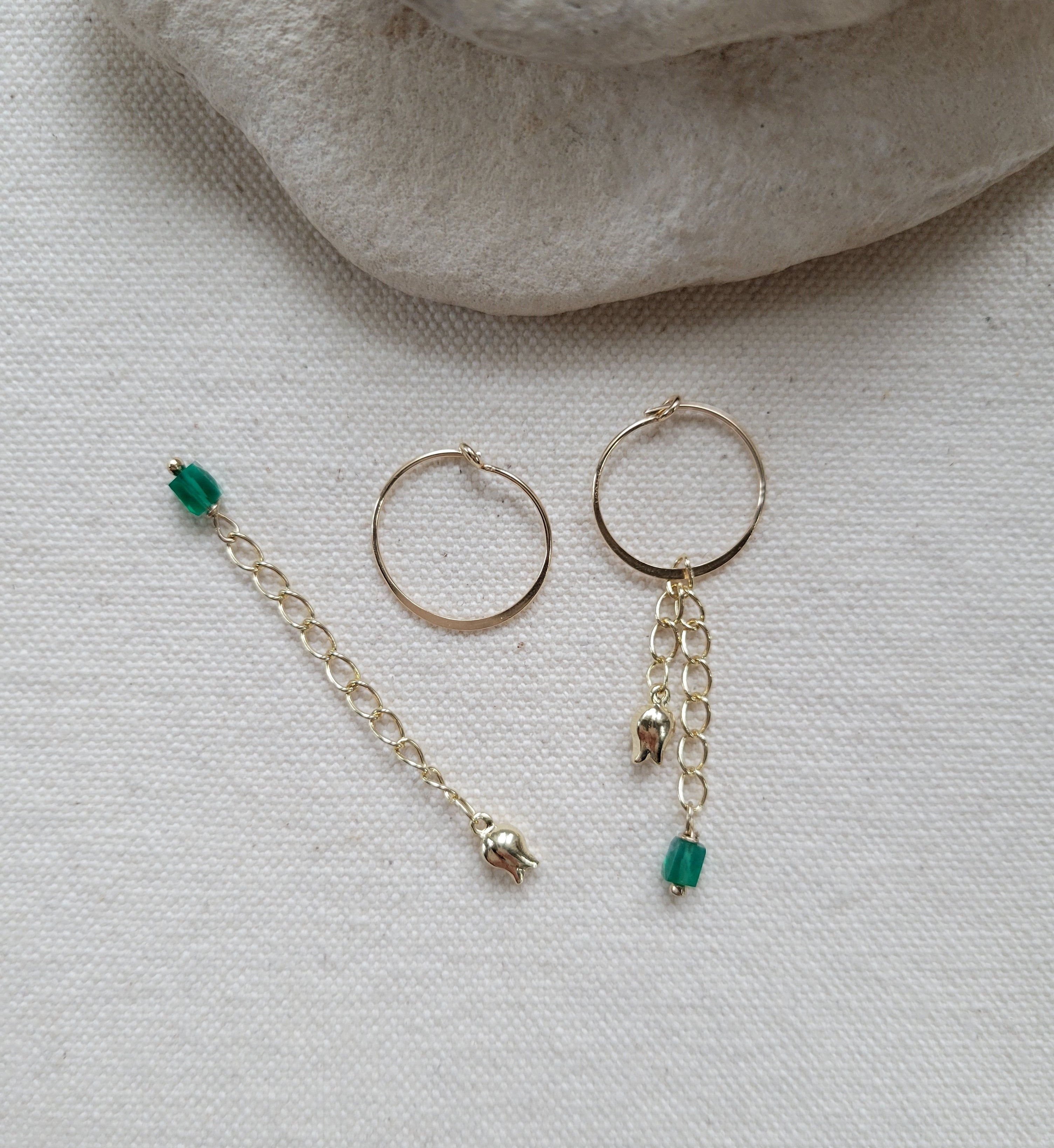 The Green Tulip - Green onyx  Gold Tulip Removable Charm Hoop Earrings