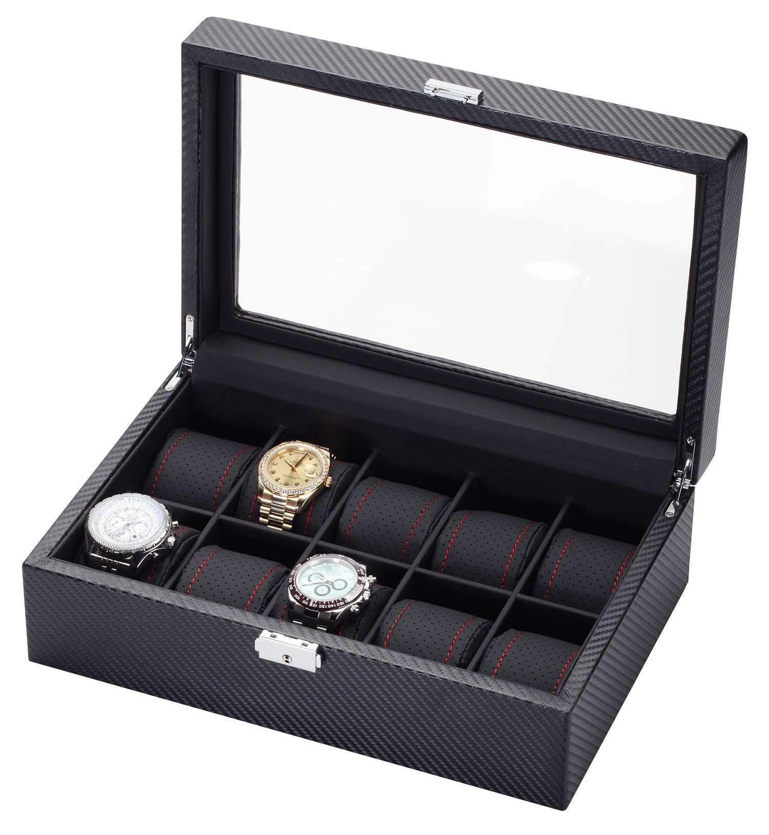 10 Piece Carbon Fiber Watch Box With Red Stitch Trim | Watch Box Co.