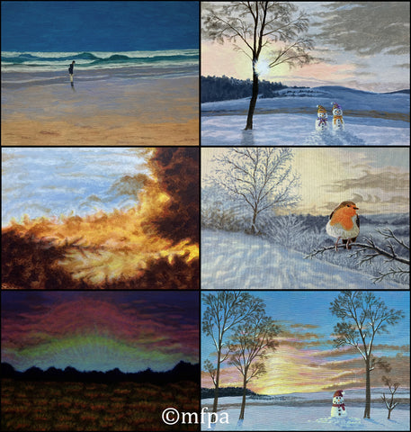 A grid of six paintings, all landscapes, in pairs vertically. The three on the left from the top are a beachscape, a cloud study, and the northern lights, the right-hand three are all snowscapes with snowmen.