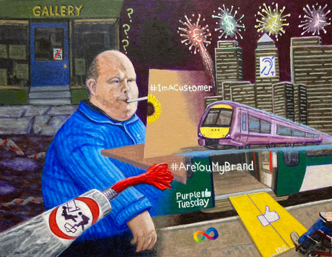 A collage style painting, with me painting with a brush in my mouth at the centre, surrounded by  an inaccessible gallery, a ramped train, a paint tube, fireworks, Canary Wharf, and several disability related symbols.