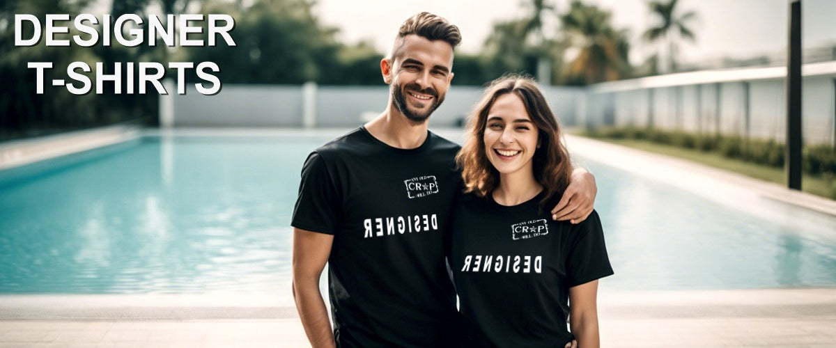 Designer t-shirt banner showing a couple on a beach weraing black t-shirts with a mirror-image of the word DESIGNER on them.