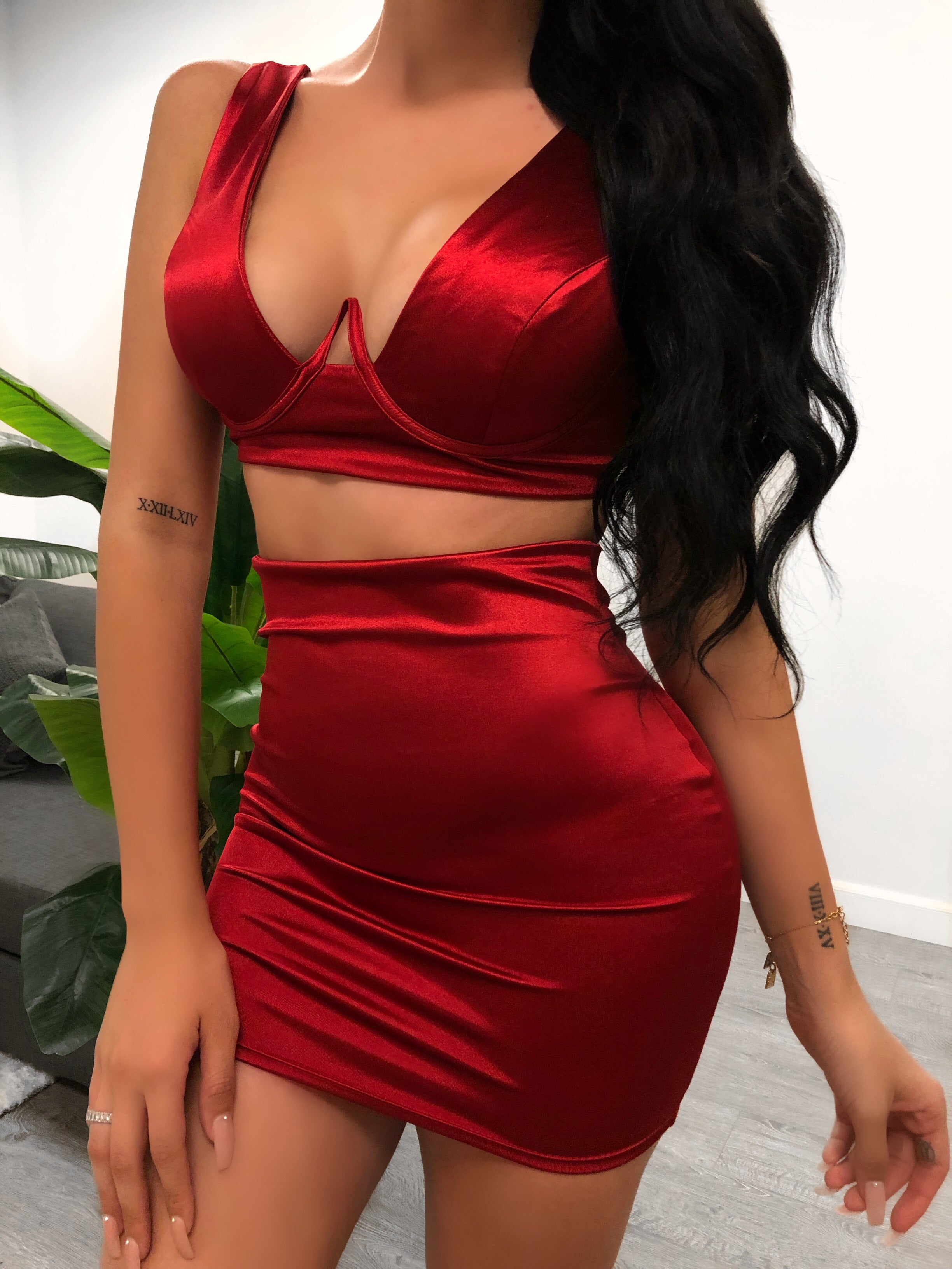 red satin 2 piece set