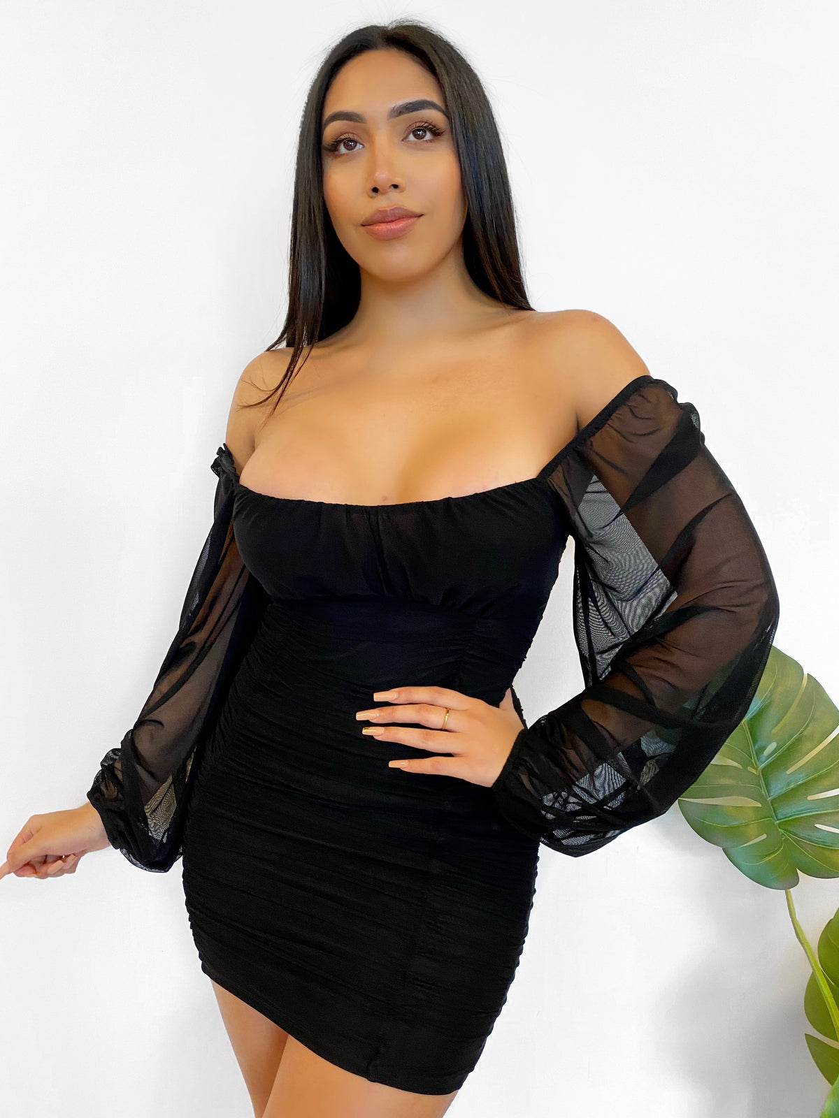 black mesh off the shoulder dress