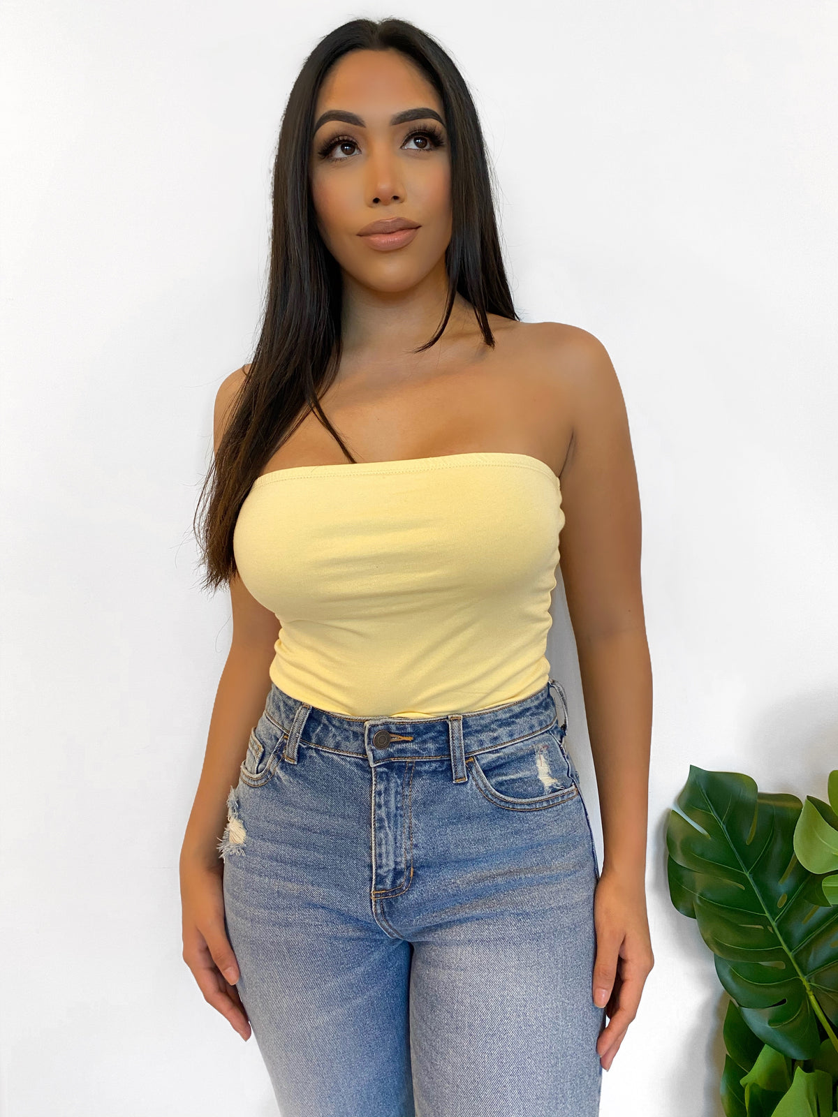 yellow and black tube top