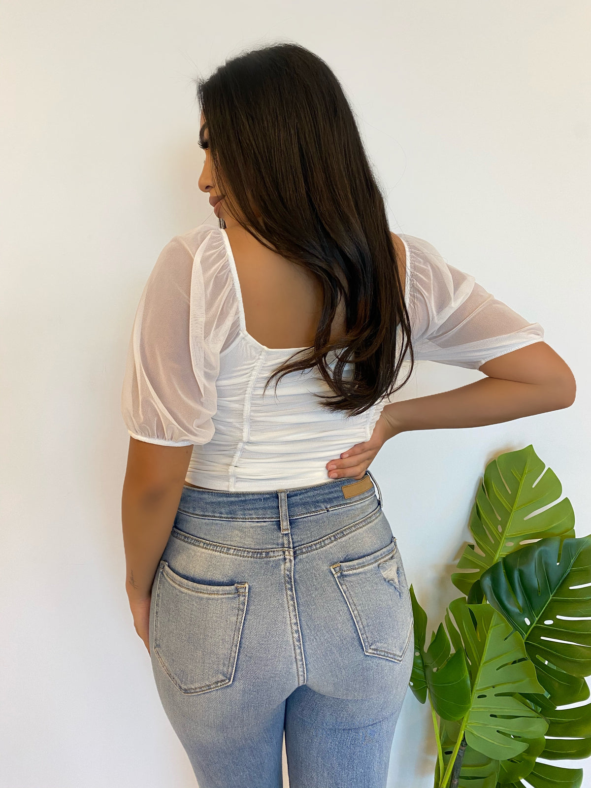 mesh top and jeans