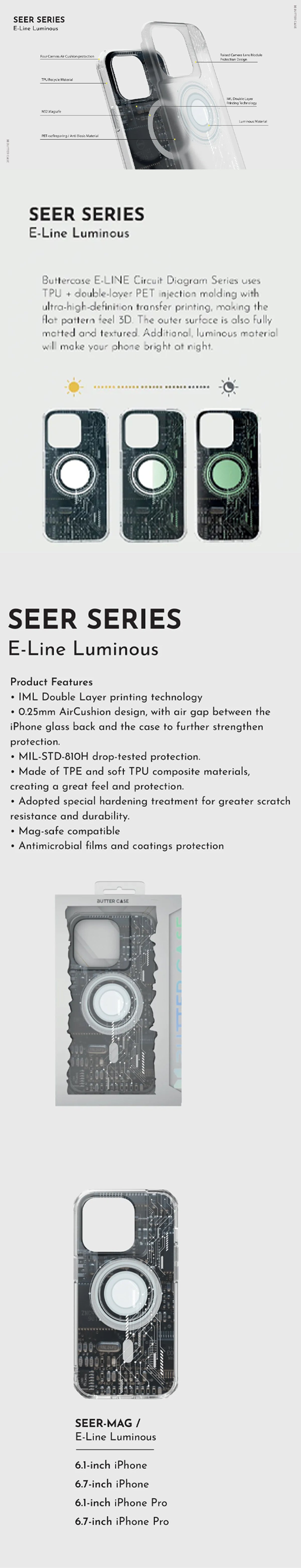 BUTTERCASE E-Line MAG SEER Series ( Luminous ) Protective Case for iPhone 14 Series - Magsafe Compatible
