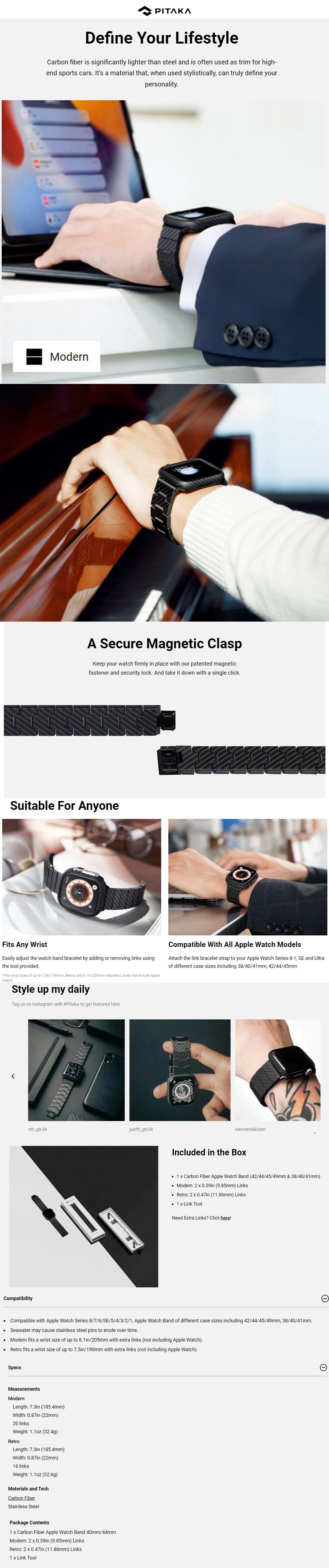 PITAKA Carbon Fiber Watch Band Modern Series for Apple Watch All Models ( 49mm / 45mm / 41mm / 44mm / 40mm / 42mm / 38mm )
