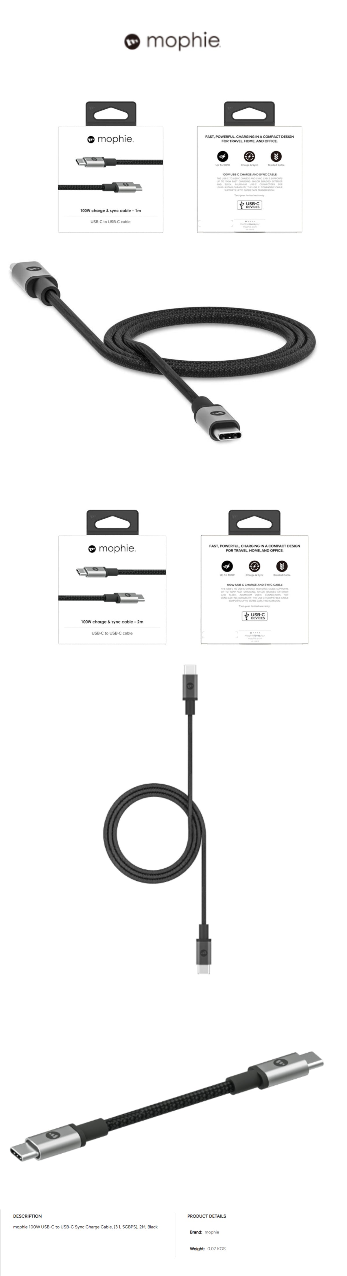 Mophie Cable 100W USB-C to USB-C 3.1 Charge & Sync Cable ( 5GBPS ) High Speed Data Transfer