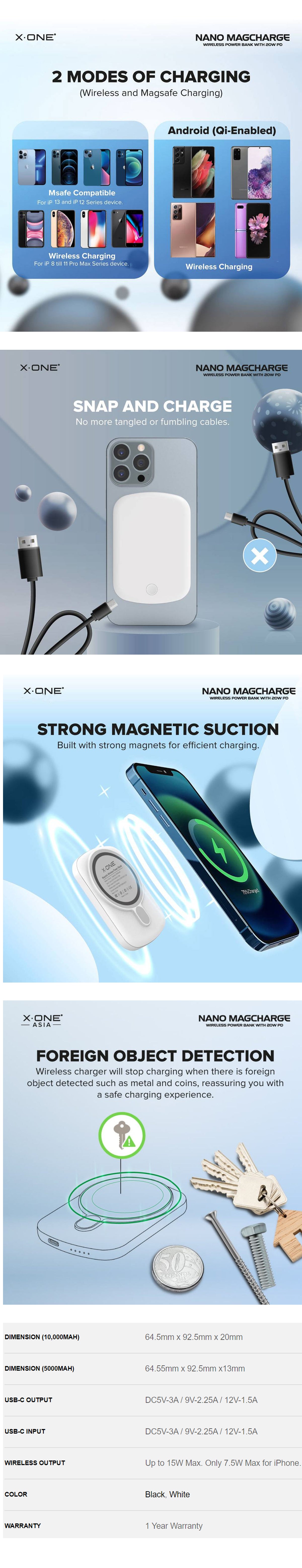 X.One Nano Magcharge Magnetic Wireless Powerbank 5,000 / 10,000 mAh with 20W PD3.0 USB-C Port