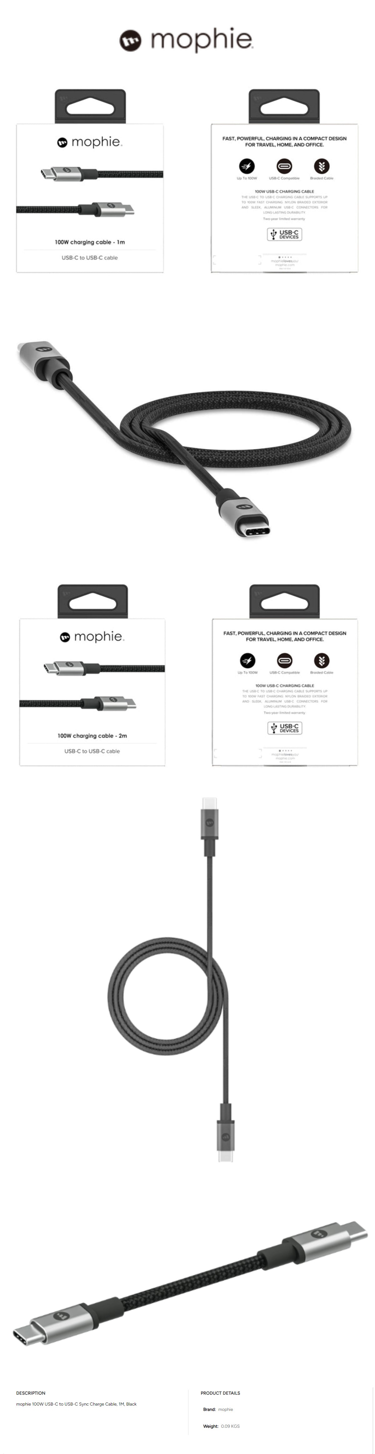 Mophie Cable 100W USB-C to USB-C 2.0 Charge & Sync Cable - 480Mbps Data Transfer