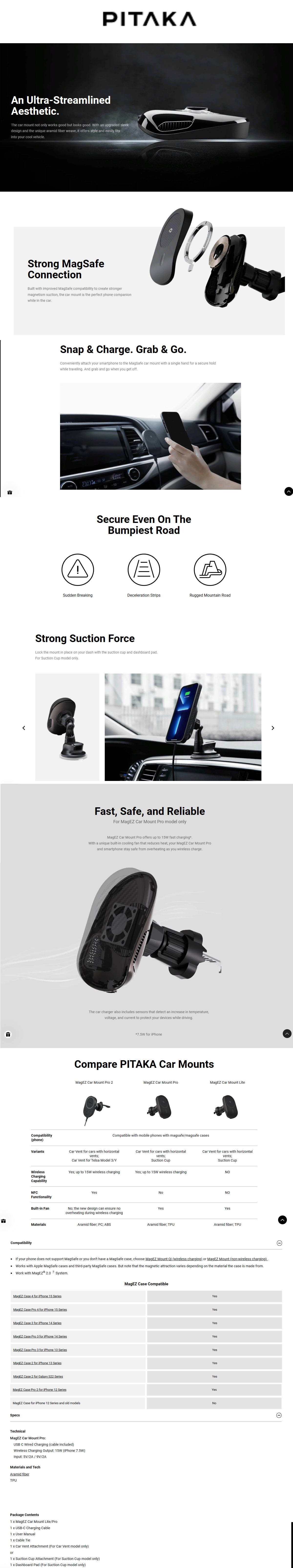 PITAKA MagEZ Car Mount Pro with Wireless MagSafe Charging - Suction Cup