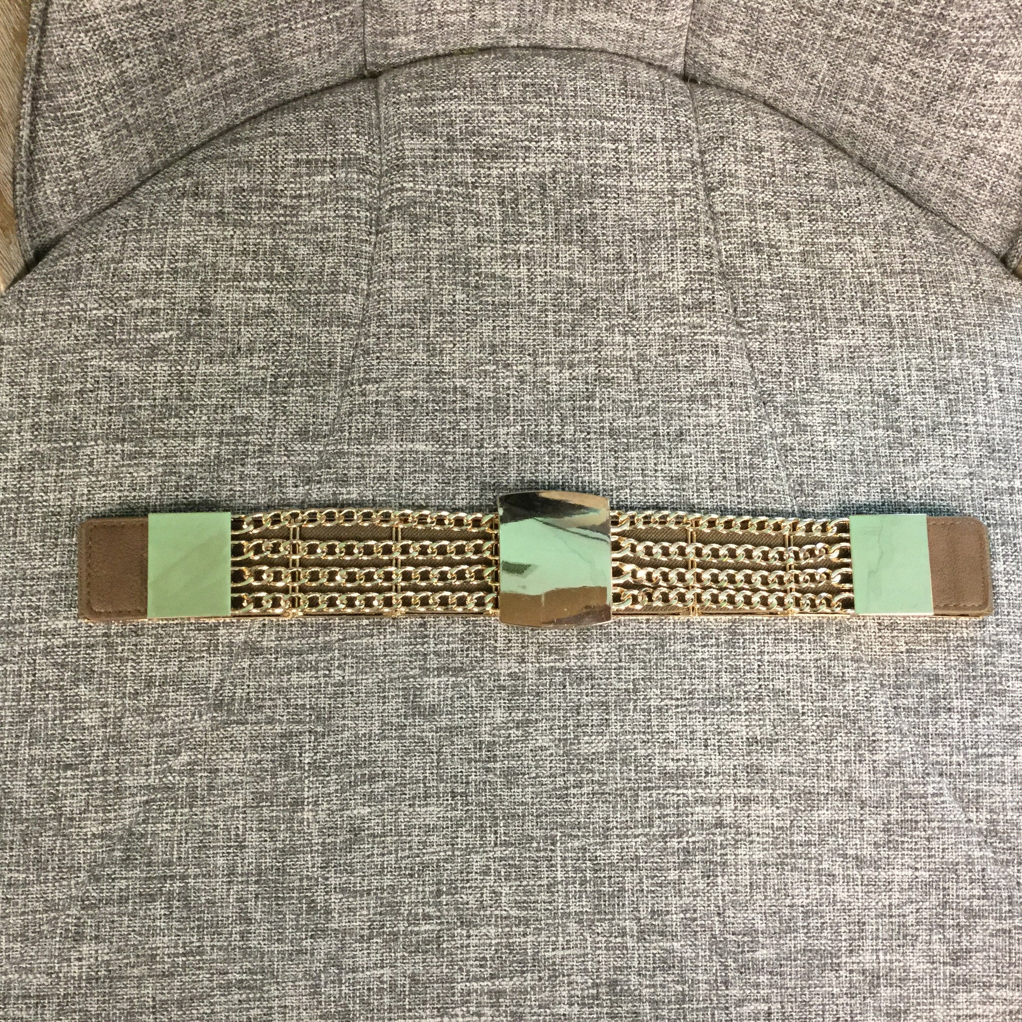 Belt, Biege Elastic with Gold Chain and Plate - natural italian skincare www.MilanoCoronado.com