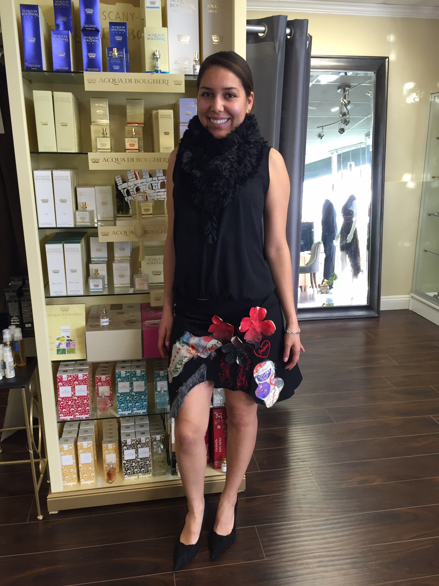 Designer mini skirt, red flower decor