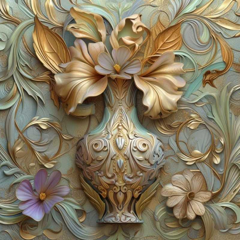 Composition présentant un vase décoratif Art nouveau, sur fond de motifs floraux stylisés et tourbillonnants