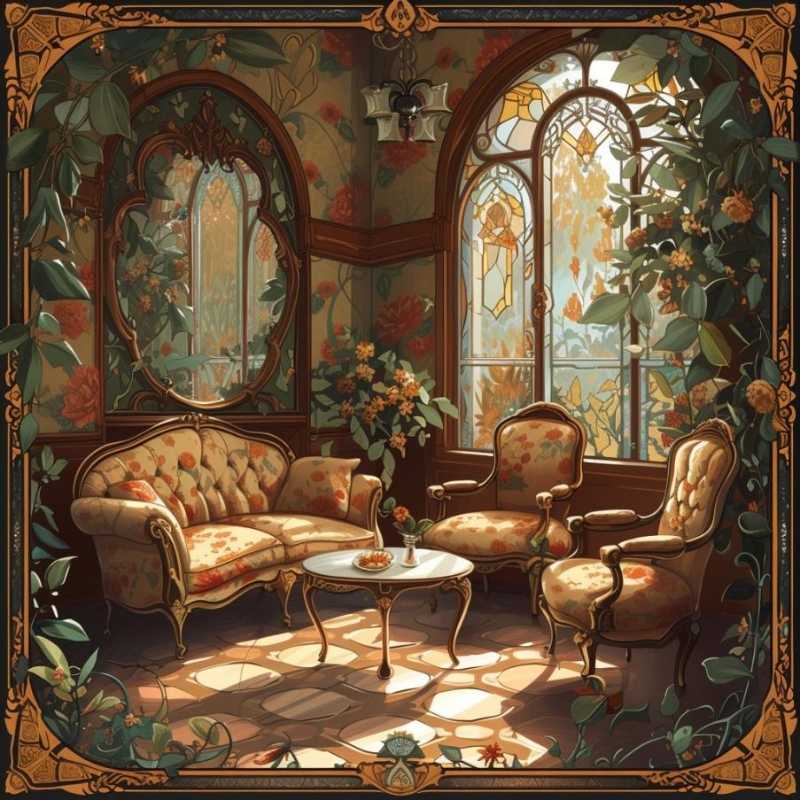 Illustration détaillée d'une scène d'intérieur inspirée de l'Art nouveau