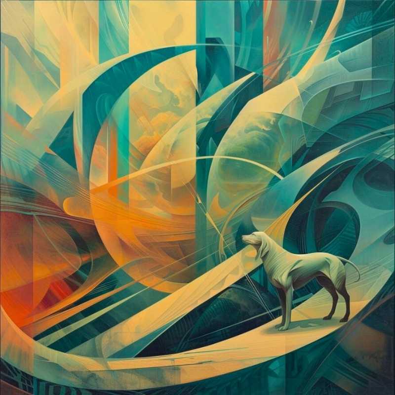Peinture numérique représentant 'Dynamisme d'un chien en laisse' de Giacomo Balla revisité. Capture de l'énergie cinétique et de la lumière, avec une utilisation audacieuse de couleurs