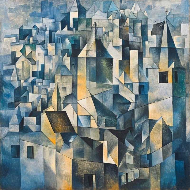 Un paysage urbain abstrait à la manière de Georges Braque, intégrant des formes géométriques fragmentées