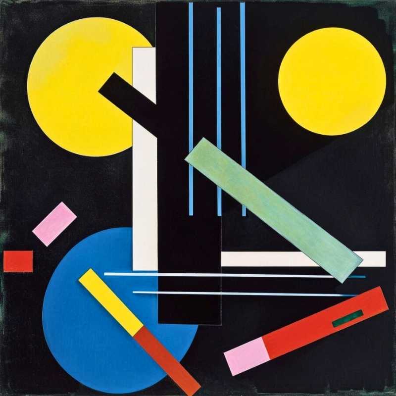 Composition moderne inspirée du Suprématisme de Malevitch, avec cercles jaunes et bleus, rectangles colorés et lignes blanches sur fond noir