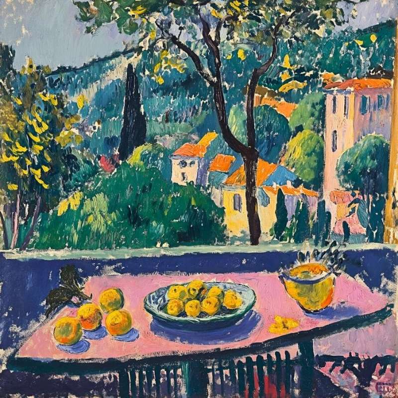 Peinture fauviste vibrant d'une nature morte avec des citrons sur une table de terrasse donnant sur un jardin luxuriant et des maisons colorées