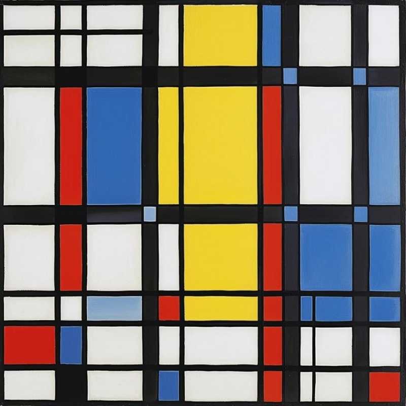 oeuvre inspirée du maitre qui résonne avec l'approche unique de Mondrian de la couleur, de la forme et de la réduction des éléments à leur plus simple expression géométrique.