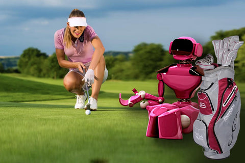 Women Golfer Setting Up A Putt With Robot