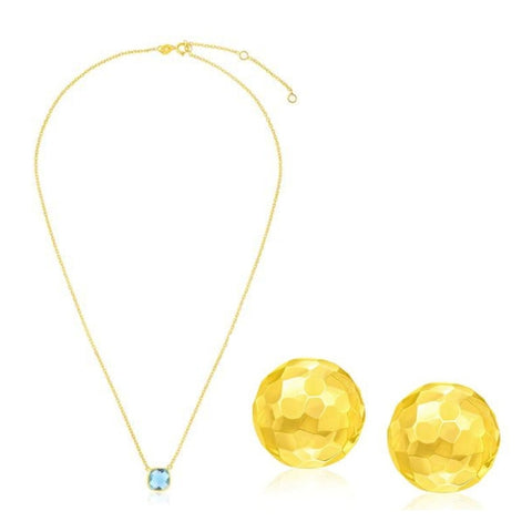 14k Yellow Gold Round Faceted Style Stud Earrings and 14k Yellow Gold 17 inch Necklace with Cushion Blue Topaz